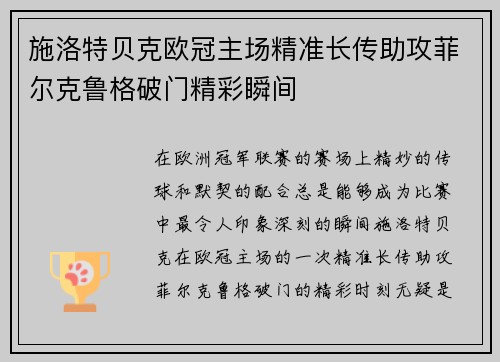 施洛特贝克欧冠主场精准长传助攻菲尔克鲁格破门精彩瞬间