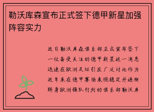 勒沃库森宣布正式签下德甲新星加强阵容实力